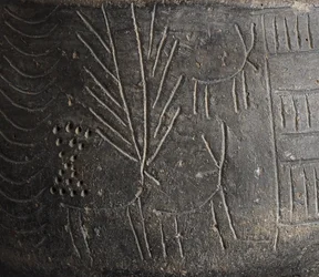 Bowl with Incised Decoration Depicting Stags (detail)